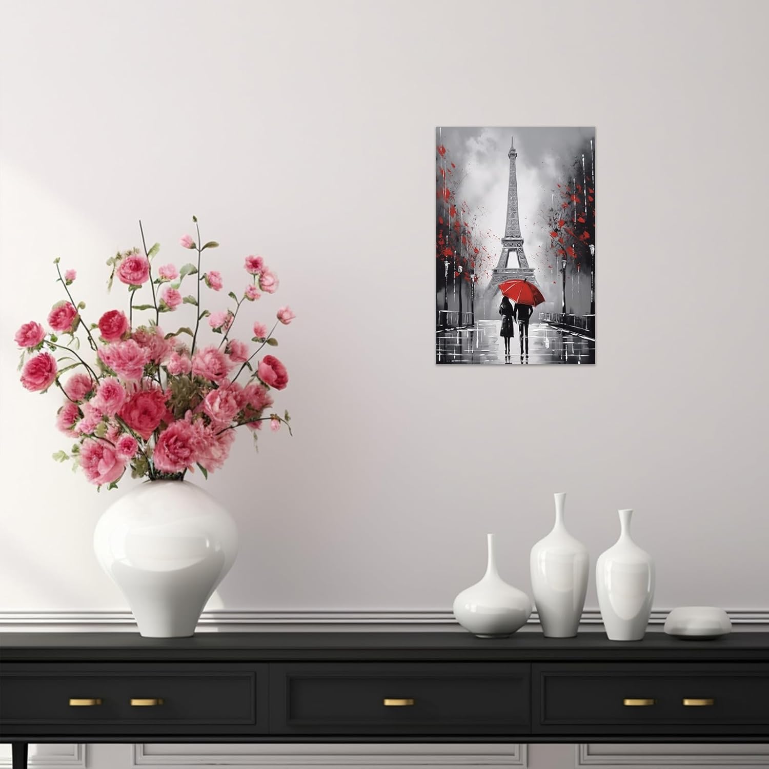 ZXHYWYM Paris Wall Decor - Framed Eiffel Tower Canvas Painting | Romantic Couple with Red Umbrella (12" x 18")