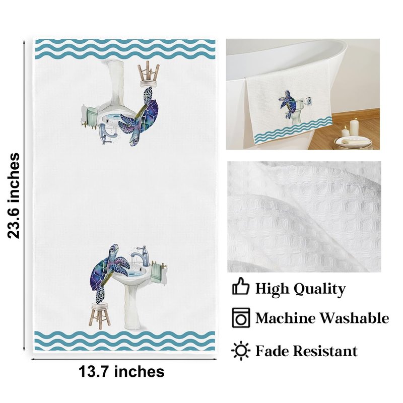 XFN 3 Pcs Sea Turtle Hand Towels for Bathrooms 24x14 Inch, Toilet Bowl Bathtub Microfiber Kitchen Towels, Tortoise Waffle Weave Hand Tea Towel for Home Bathroom Decor, Sea Turtle Gifts for Women