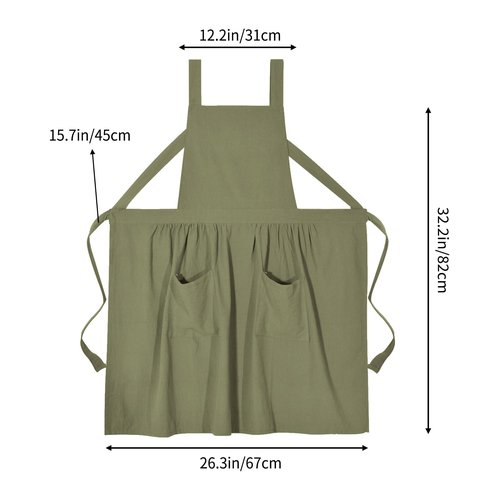 Pinknoke Cotton Linen Pinafore Apron Dress for Women with Pockets Cute Art Chef Aprons for Kitchen Baking Gardening Painting (Olive Green)