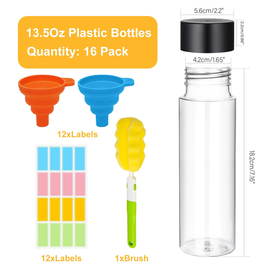 DI QIU REN 16 Pack Clear Plastic Bottles Empty Sensory Bottles with Caps – Reusable Juice Bottles Drink Containers Leakproof Water Bottle for Juice Milk (Black Lids, 13.5 oz / 400 ml)