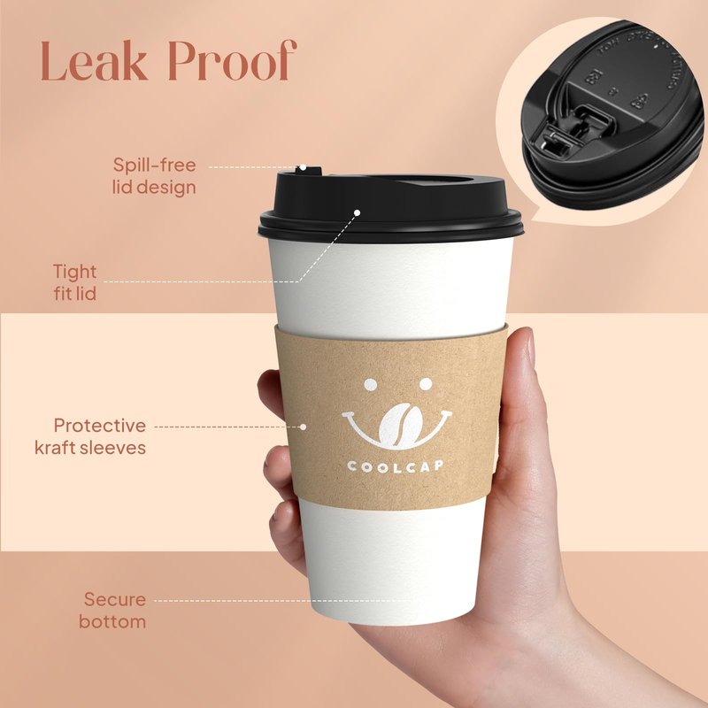 Coolcap Coffee Cups with Lids and Sleeves, 16 Ounce 200 pack To Go Coffee Cups with Lids, Paper Hot Cups for Hot & Cold Beverage (White, 16 Ounce)