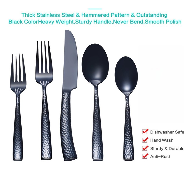 Flatasy Silverware Set Black Hammered Pattern Flatware Cutlery Stainless Steel Utensil 20 Pieces Spoons Forks and Knives Service for 4