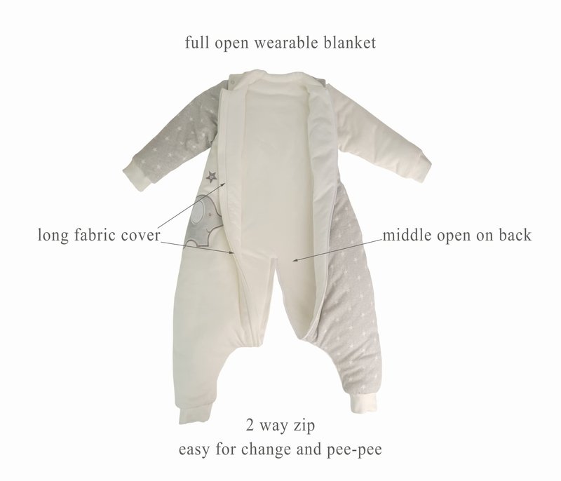 NATUZ Baby Wearable Blanket With Leg Grey Cotton 2-4T Toddler Sleep Sack 36M Removable Long Sleeves Early Walk Sleeping Bag Quilted Filling Infant Winter Tog 2.5 Warm Kids Sleeper