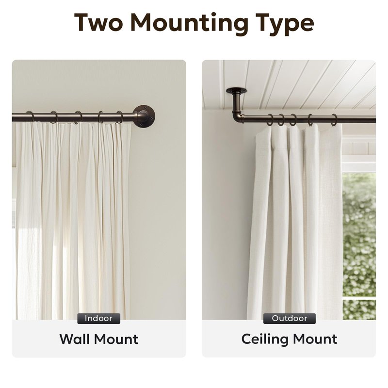 Zeerobee Curtain Rods for Windows 120 to 240, 1 Inch Industrial Wrap Around Antique Bronze Curtain Rod, Indoor/Outdoor Room Divider Adjustable Drapery Pole, 120"-240"
