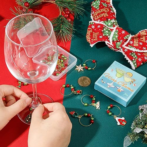 Golden Tone Christmas Wine Glass Charms 14 Sets with Gift Box - Holiday Beading Hoops & Markers