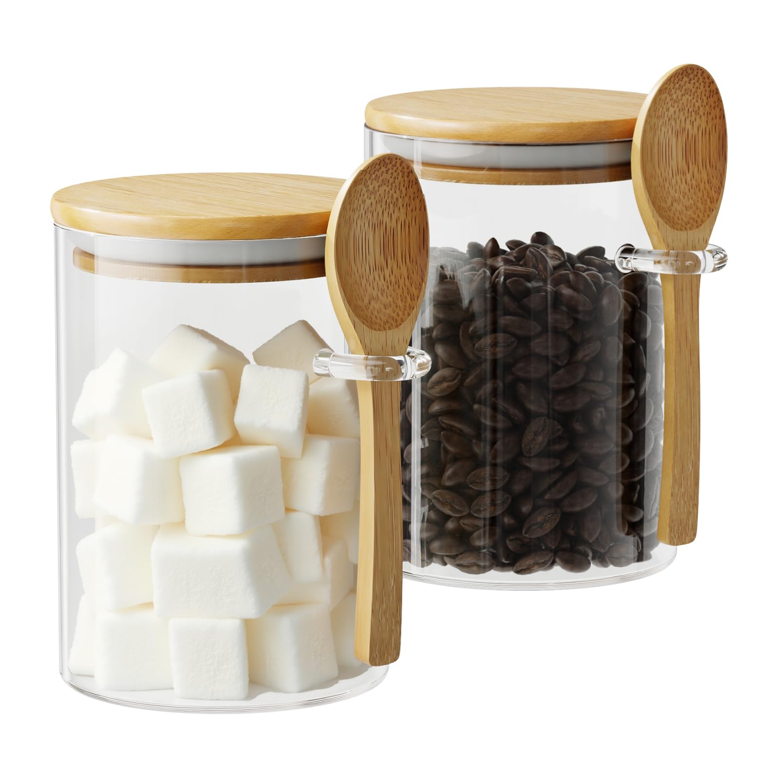 Glass Sugar Container with Spoon - 2 Pack 15oz Glass Jars with Bamboo Lid and Spoon, Bamboo Lid Storage Jar Canister for Coffee Beans, Spice, Brown Sugar, Tea, Flour, Nuts, Candy, Salts and More