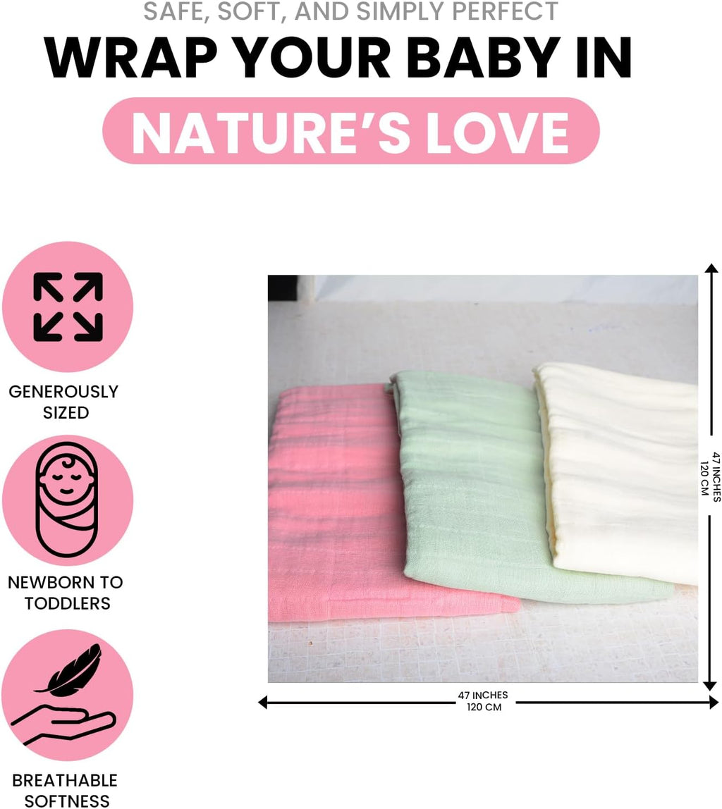 Organic Muslin Swaddle Blankets - 100% Organic Cotton Baby Wraps | Soft, Breathable & Skin-Friendly | 3-Pack, Large 47 x 47 Inches