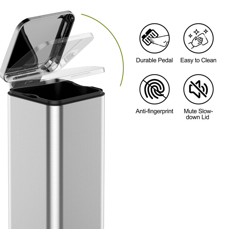 EcoExplorer 8 Gallon Kitchen Trash Can, 30 Liter Stainless Steel Garbage Bin with Removable Inner Bucket, Square Step Recycling Bin with Soft-Close Lid for Dining Room, Bathroom, Home Office