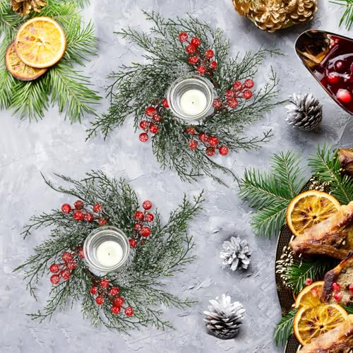 Set of 6 Christmas Candle Ring Wreaths with Red Berries & Snowy Pine