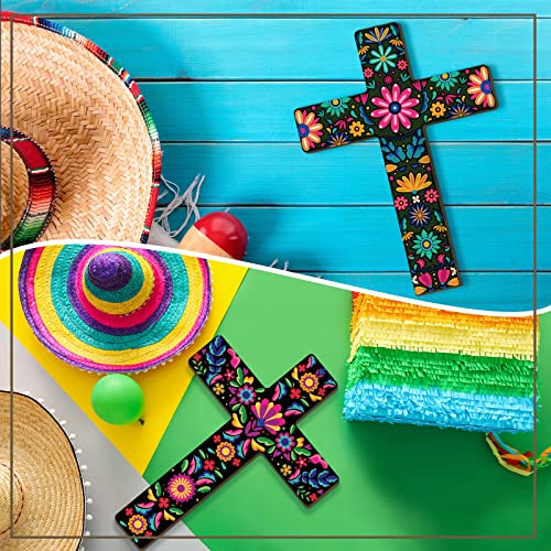 Mexican Floral Cross Wall Decor, 2 Pcs Hand Painted Wooden Wall Art