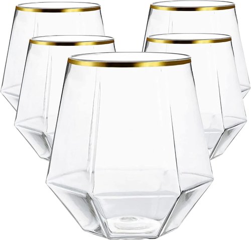 Oojami 24 count Diamond Unbreakable Stemless Plastic Wine Champagne Glasses Disposable Shatterproof BPA-Free Wine Glasses Indoor Outdoor Ideal for Home Office Bars, Wedding 12 Ounce Cup (Gold)