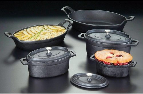 American Metalcraft Cast Iron Oval Casserole Pan - Durable 12" L x 6.75" W, Black Finish