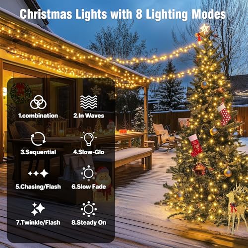 ASENEK 197ft 600LED Connectable Warm White Christmas Tree Lights with 8 Modes & 6h Timer