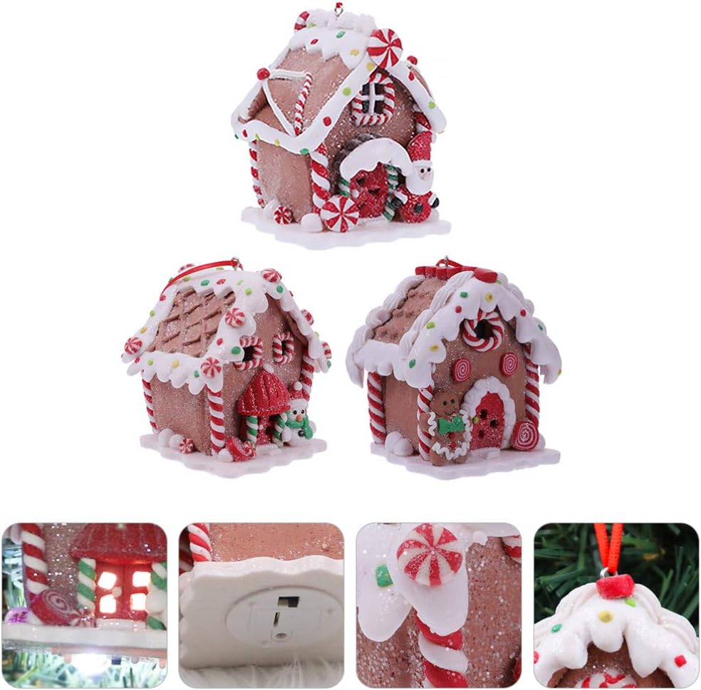 Toyvian Gingerbread House Ornaments - LED Christmas Village Set with Santa & Snowman Figures | 3 Pcs