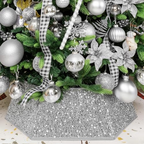 Sequin Christmas Tree Collar 33.5" Large Tree Skirt Ring - Silver Grey