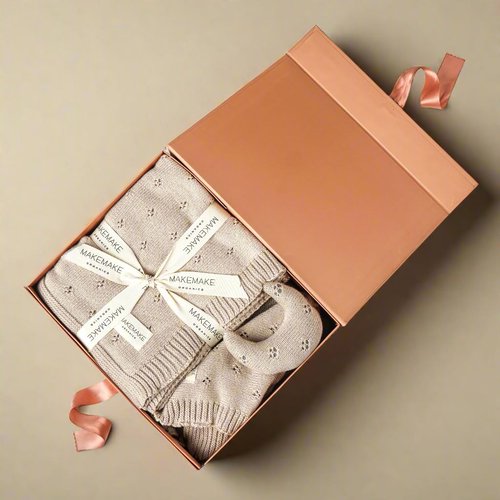 MakeMake Organics GOTS Certified Organic Cotton Baby Boys Girls Knit Baby Blanket Pointelle Lovey Newborn Gift Baby Shower Set - Moon Beige, 30"x40"