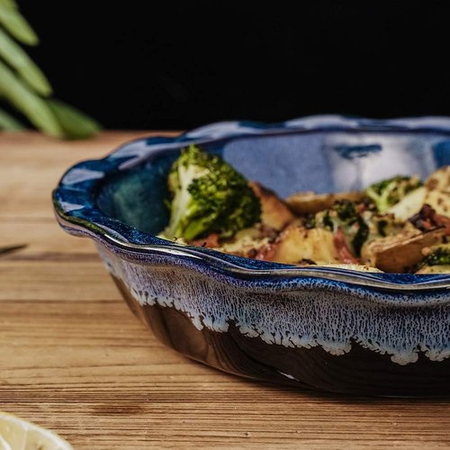 KOOV Ceramic Pie Plate - 9-Inch Round Baking Dish for Desserts | Reactive Glaze in Nebula Blue