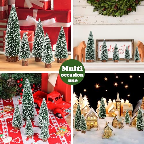 AerWo 5Pcs Mini Flocked Bottle Brush Christmas Trees with Wooden Bases