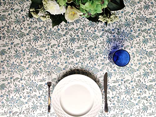 Aster Blue 60 x 108 Inch 100% Cotton Boho Tablecloth - Handblock Floral Home Decor