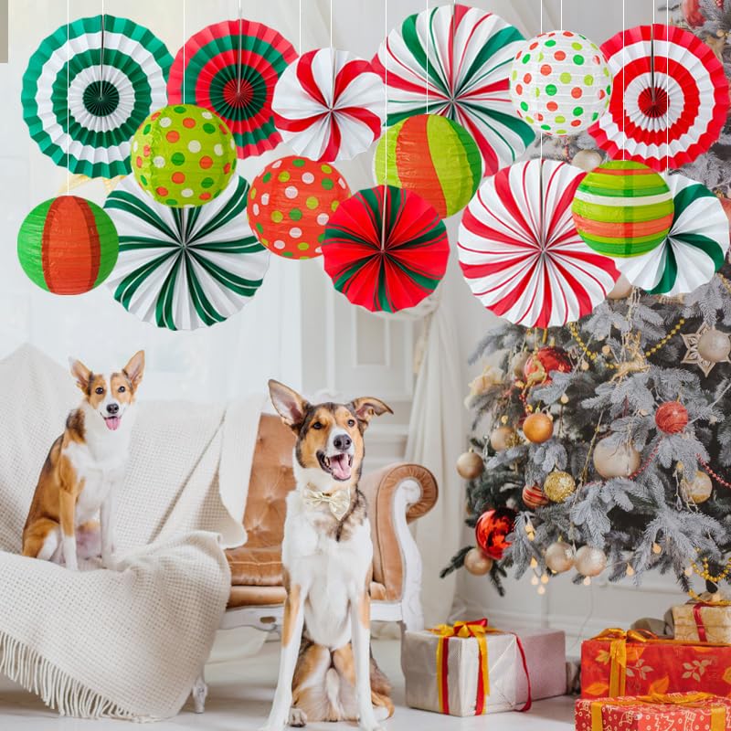 15 Pcs Christmas Candy Party Decorations Set - Red, Green & White Honeycomb Fans & Lanterns for Holiday Festivities