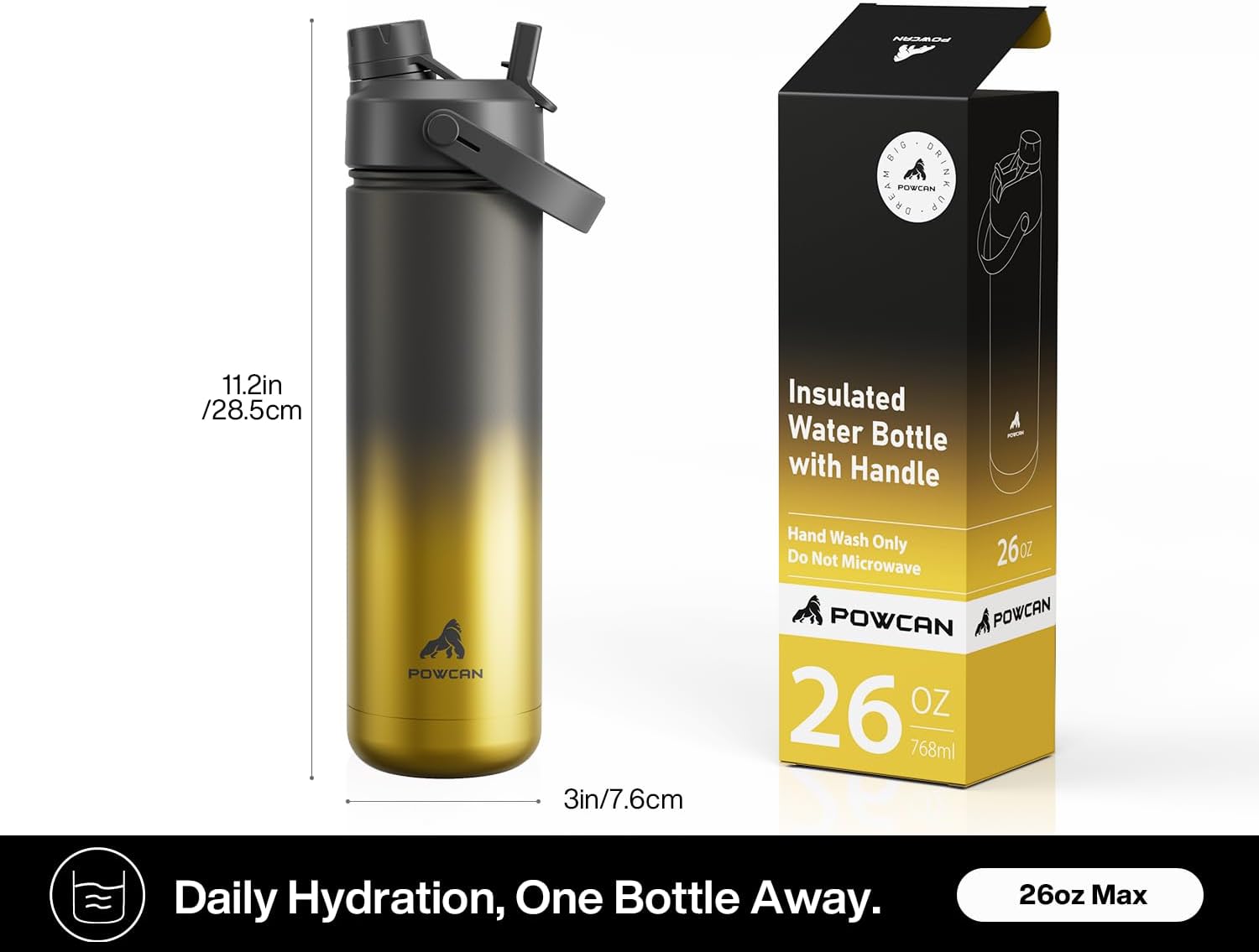 POWCAN 26 oz Insulated Water Bottle - 2-in-1 Straw & Spout Lid | Keeps Drinks Cold 24H, Leak-Proof, Fits Car Cup Holder (King)