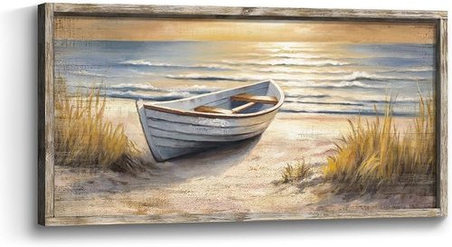 Coastal Wall Art by Beach | Ocean Boat Sunset Painting - Framed Seascape Decor 40”x20”