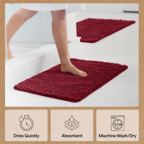 GORILLA GRIP Bath Rug Mat - Soft Absorbent Chenille | Quick Dry Microfiber, 60x24, Burgundy
