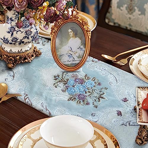 HeMiaor 13x120-Inch Blue Long Embroidered Table Runner with Tassels - Luxury Retro Decor