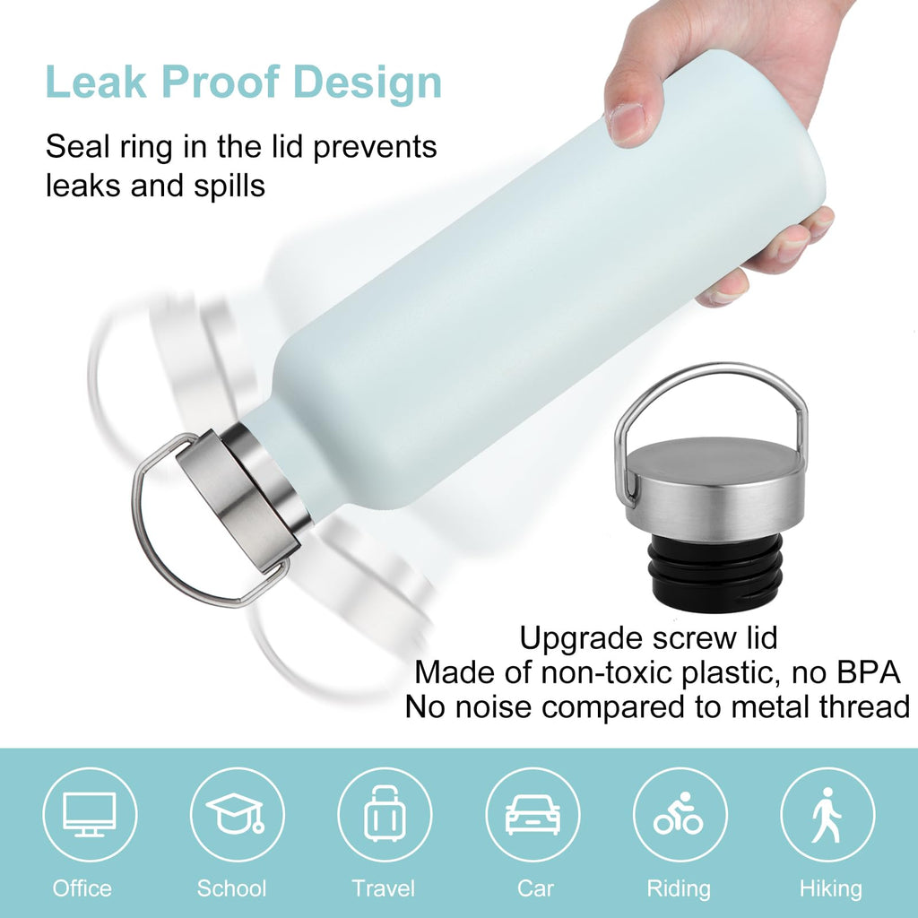 Volhoply 24oz Insulated Standard Mouth Water Bottle with Plastic & Stainless Steel Combination Lid Bulk 8 Pack, 304 18/8 Double Wall Vacuum Insulated Water Bottles, Reusable Metal Flask(Fog,8)