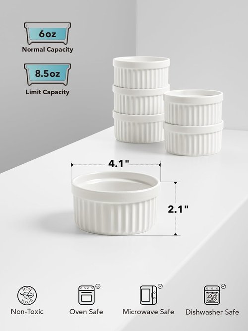LE TAUCI Ramekins - 6 Oz Ceramic Soufflé Dishes | Oven Safe Custard Cups for Baking & Desserts - Set of 6, White