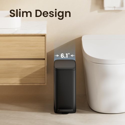 Cesun Stainless Steel Small Bathroom Trash Can - 6L Soft Close Lid, Foot Pedal & Removable Inner Bucket | Black