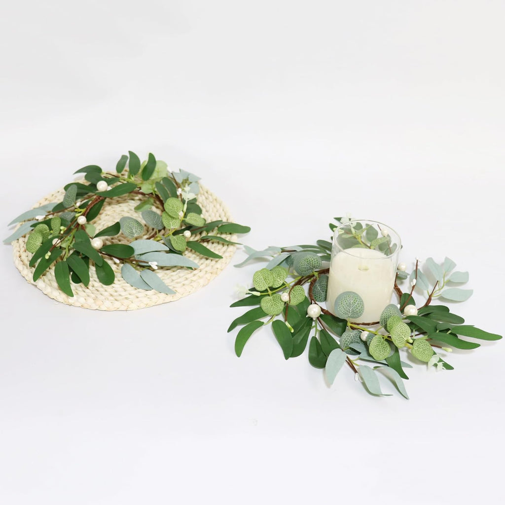 Skiennix 4-Inch Greenery Candle Rings - Artificial Eucalyptus Wreaths with Pearl Berries for Home Decor | 2 Pack