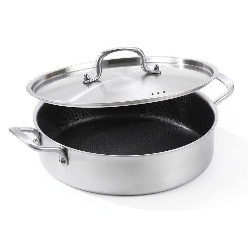 Yeksum Deep Frying Pan with Lid, 6 Quart Tri-Ply Hybrid Nonstick Stainless Steel Saute Pan, Compatible with All Cooktops Up to 600℉,12inch Saute Pan with Lid, Fast even Heat cookware, Rondeau Pot