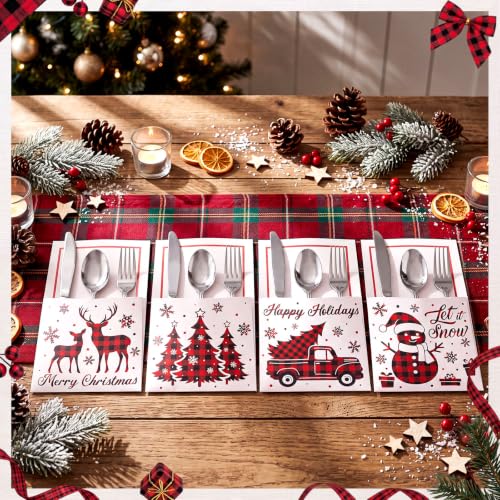 Harloon 36 Pcs Christmas Paper Silverware Holders Buffalo Plaid (Buffalo Check) 4 Designs