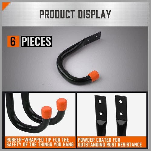 HORUSDY Heavy Duty Metal Wall Hooks - 6-Pack for Garage Storage & Organization | Black J Hooks for Tools, Ladders & More