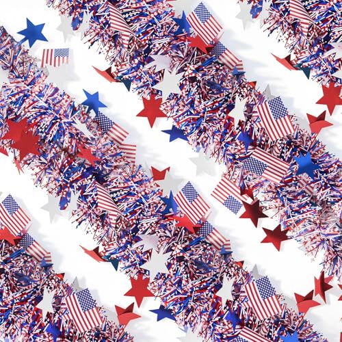 4th of July Patriotic Star Tinsel Garland - 50ft Red White & Blue Decor