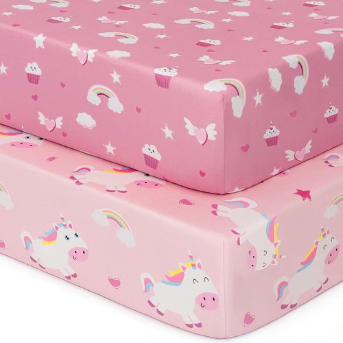 Yukkidds Pack and Play Sheets Fitted Mini Crib Sheets for Pack N Play Mattress Stretchy Sheet for Playpen and Playard Bedding Soft Breathable 2 Pack Pink Unicorn