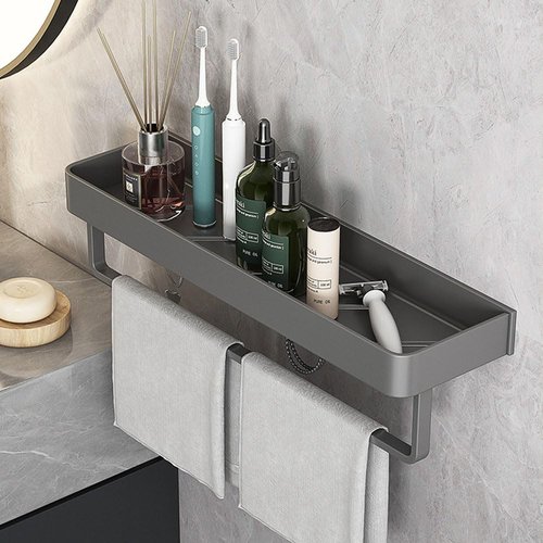 kaileyouxiangongsi Wall Mounted Bathroom Shelves, 2-Tier Floating Shelf with Removable Hooks, Bathroom Wall Organizer(Gray)