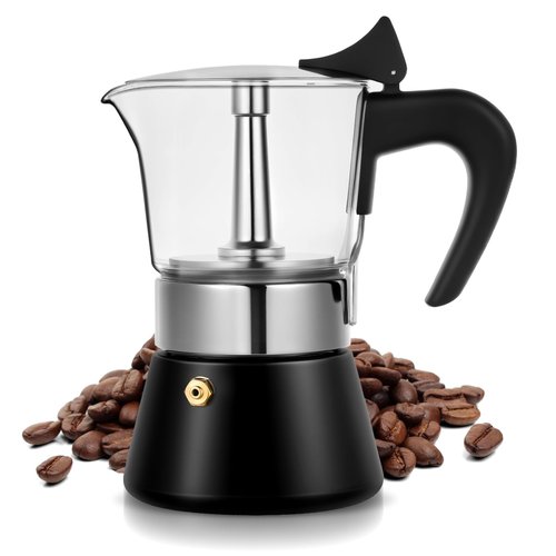Suiitat Induction Moka Pot, 4 Cups (7.1 oz) Crystal Glass-Top & Stainless Steel Moka Pot, Classic Stovetop Espresso Maker, Black