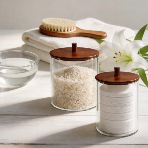 Glass Qtip Holder Dispenser Set | 15oz & 10oz Cotton Swab Storage with Acacia Wooden Lids