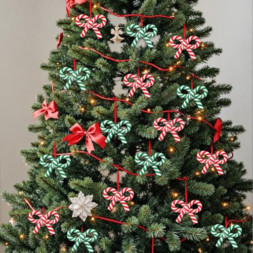 24 Pcs Candy Cane Bow Christmas Ornaments Set - Xmas Tree Decorations