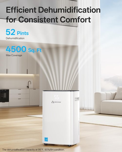 **Dehumidifier | 52 Pints Energy Star Certified for Large Rooms - 4500 Sq.Ft with Drain Hose & 24H Timer**