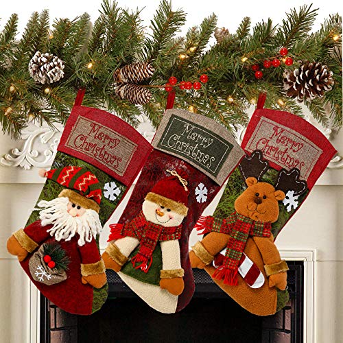 3-Pack 18-Inch Burlap Christmas Stockings Set with Santa Snowman Reindeer