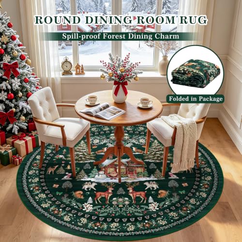 Geanlod 6' Round Christmas Rug - Green, Washable Non-Slip Reindeer & Santa