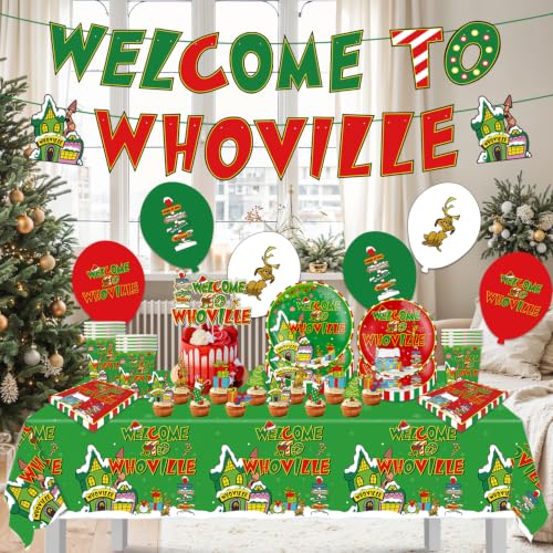 Christmas Party Disposable Tableware Set for 20 Guests | Plates Cups Napkins Balloons