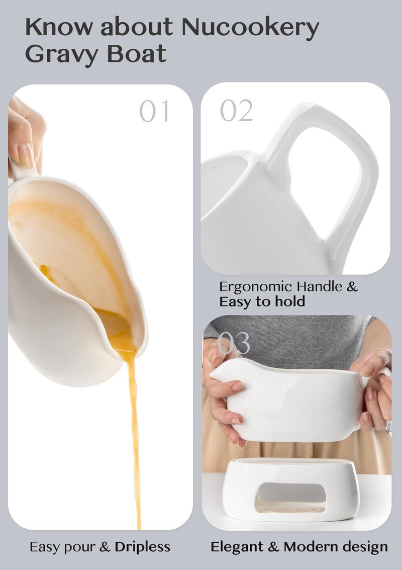 Nucookery Large 18 Oz Gravy Boat with Warmer, White Fine Porcelain Saucier With Big Dripless Lip Spout, Gravy Bowl For Thanksgiving, Warming Sauces, Salad Dressings, Microwave & Freezer Safe(Set of 2)