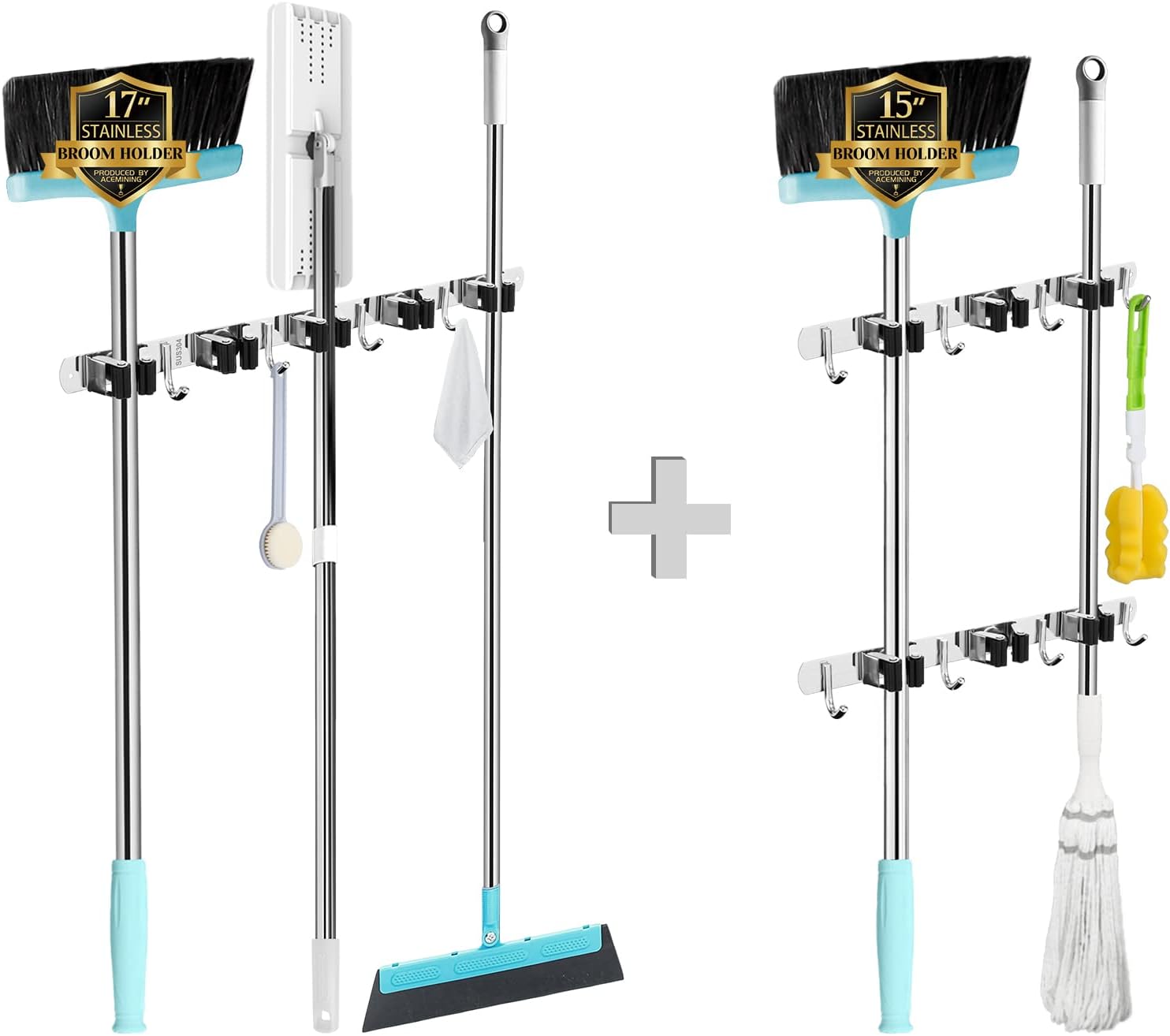 Skiennix Wall-Mounted Broom and Mop Holder - Heavy-Duty Stainless Steel Organizer with 5 Racks & 4 Hooks