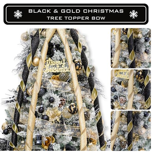 Black & Gold Large Christmas Tree Topper Bow 53x13 Inches - Handmade Holiday Decor