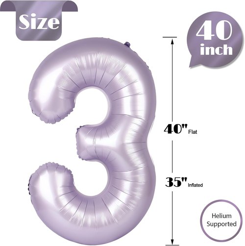 Lilac | 40-Inch Number 3 Balloon - Lavender Birthday Decorations for Kids & Women’s Parties