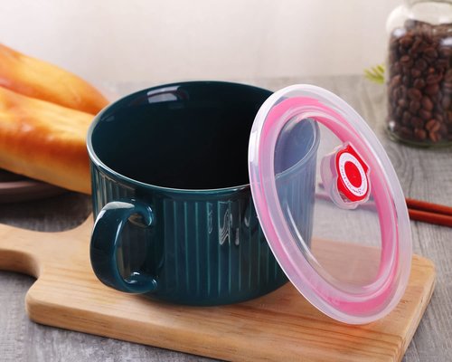 WHJY 30oz Ceramic Bowl with Lid and Handle for Soup and Instant Noodles Soup Mug, Modern Simple Style, with Heat Preservation Handle - Dark green